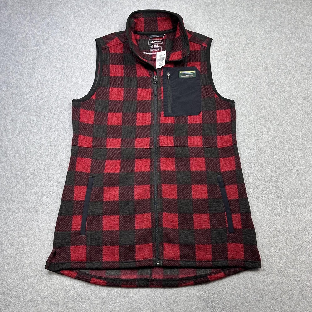 LL Bean Sweater Fleece Long Vest Womens Small Red Buffalo Plaid Full Zip Pockets